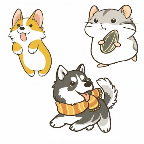 柯基,柴犬,仓鼠插画